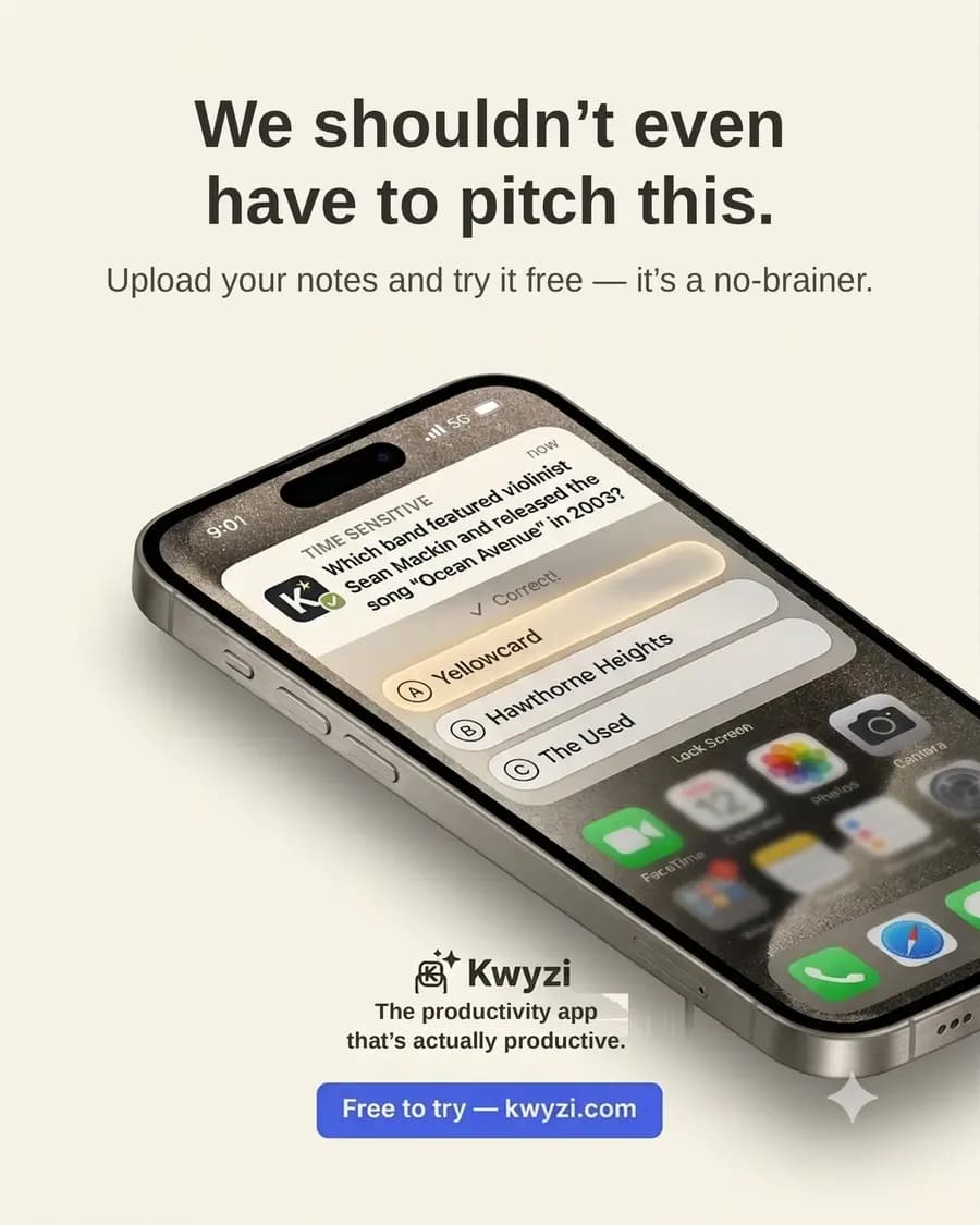 Kwyzi on an iPhone: a study question arrives as a notification and is answered correctly right from the lock screen.